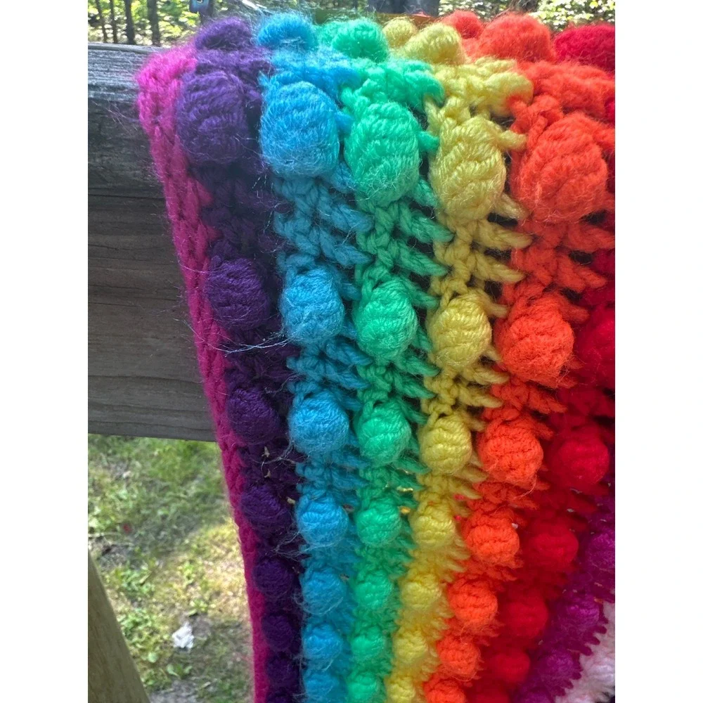 Handmade Crochet Rainbow Bobble Stitch Blanket Multi Color Striped Throw 57x44